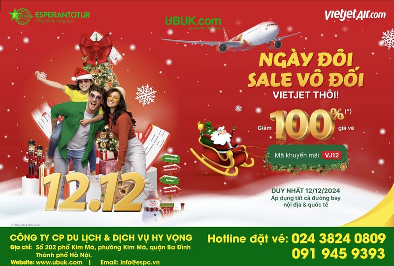 VIETJET TẶNG HÀNG TRIỆU VÉ MÁY BAY 0 ĐỒNG MỪNG NGÀY ĐÔI 12/12 & LỄ TẾT 2025 