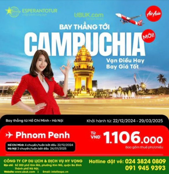  Bay Thẳng Hà Nội - Phnom Penh cùng AirAsia 