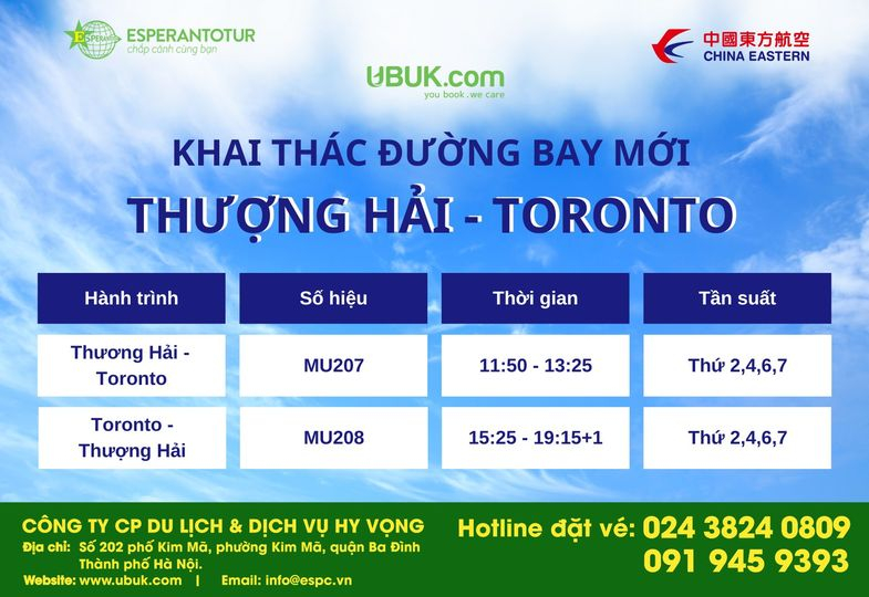 CHINA EASTERN AIRLINES KHAI THÁC ĐƯỜNG BAY MỚI THƯỢNG HẢI – TORONTO