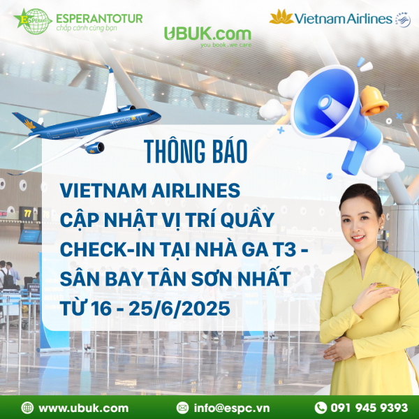 THÔNG BÁO: VIETNAM AIRLINES CẬP NHẬT VỊ TRÍ QUẦY CHECK-IN TẠI NHÀ GA T3 SÂN BAY TÂN SƠN NHẤT
